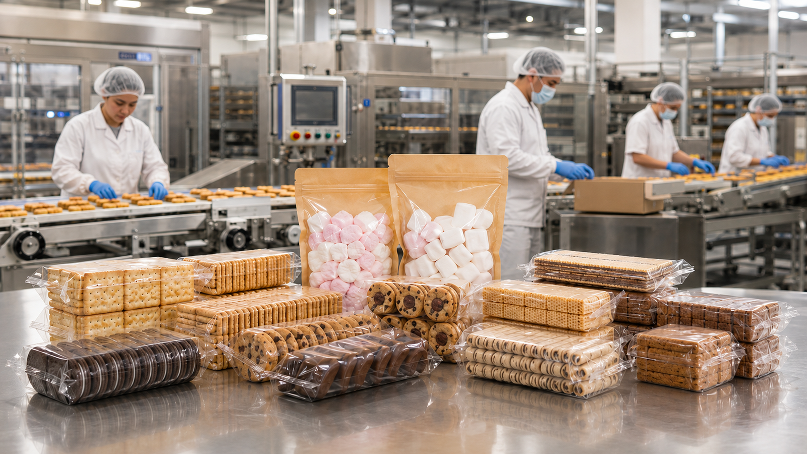 Productos terminados de una marca comercial en entorno industrial.
