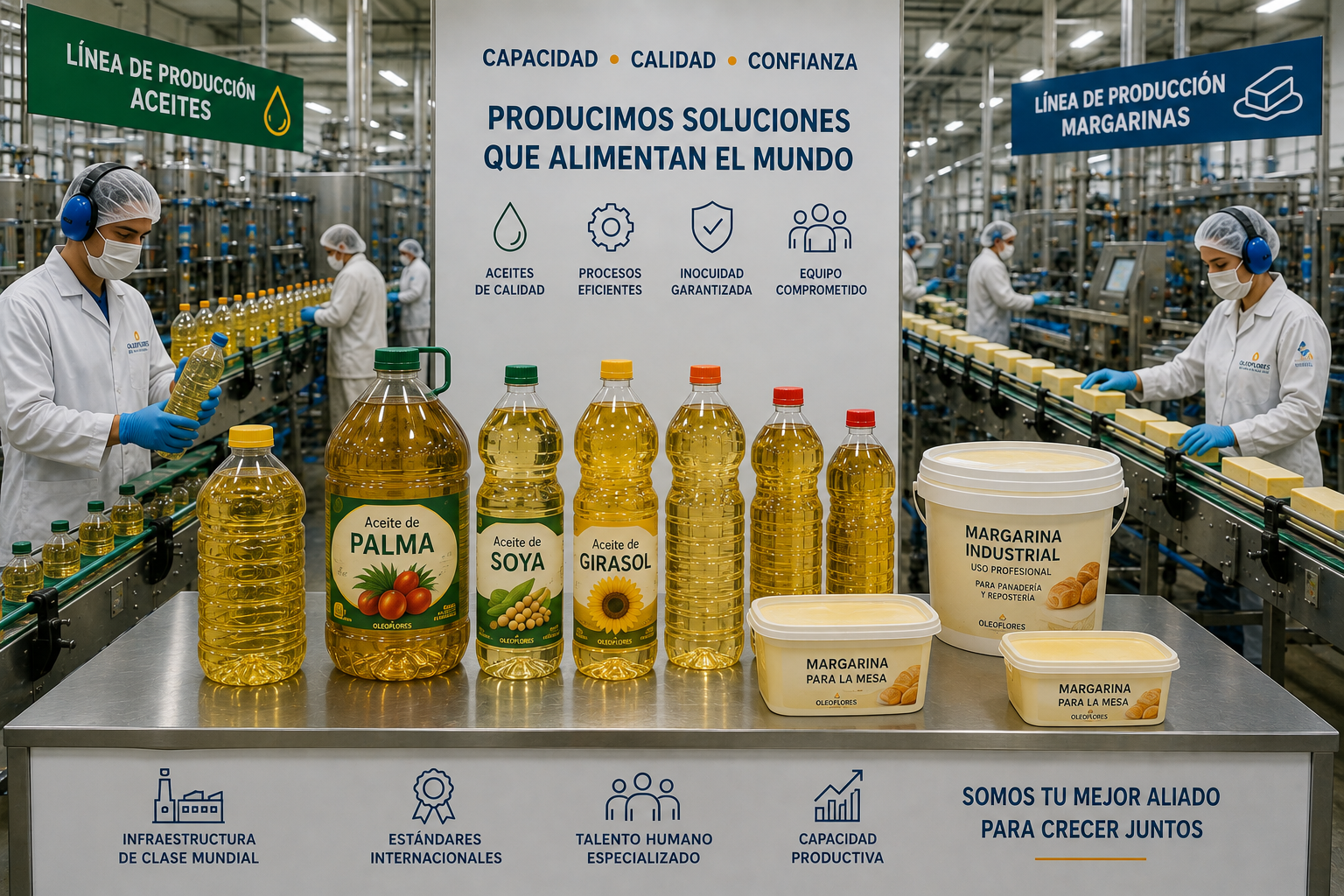 Línea productiva de aceites y margarinas con trabajadores.